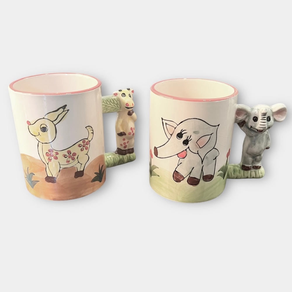 Vintage Hand Painted Elephant and Goat (?) Ceramic Mugs With Animal Handle